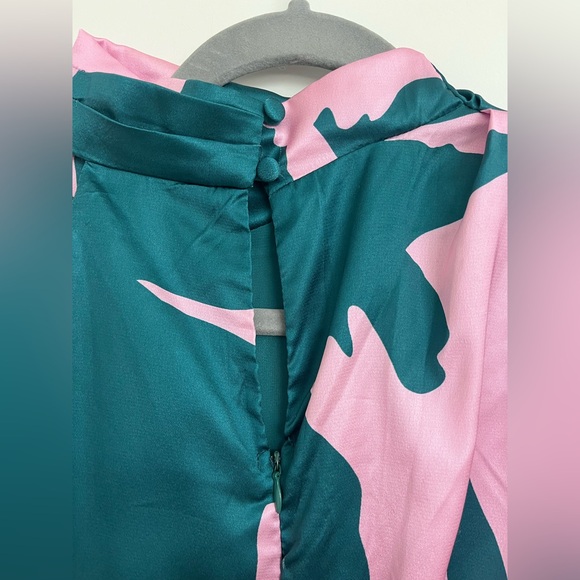 Anabelle Mock Neck Satin Midi Dress US M Teal Pink Mock Neck Cocktail Wedding - Picture 5 of 12